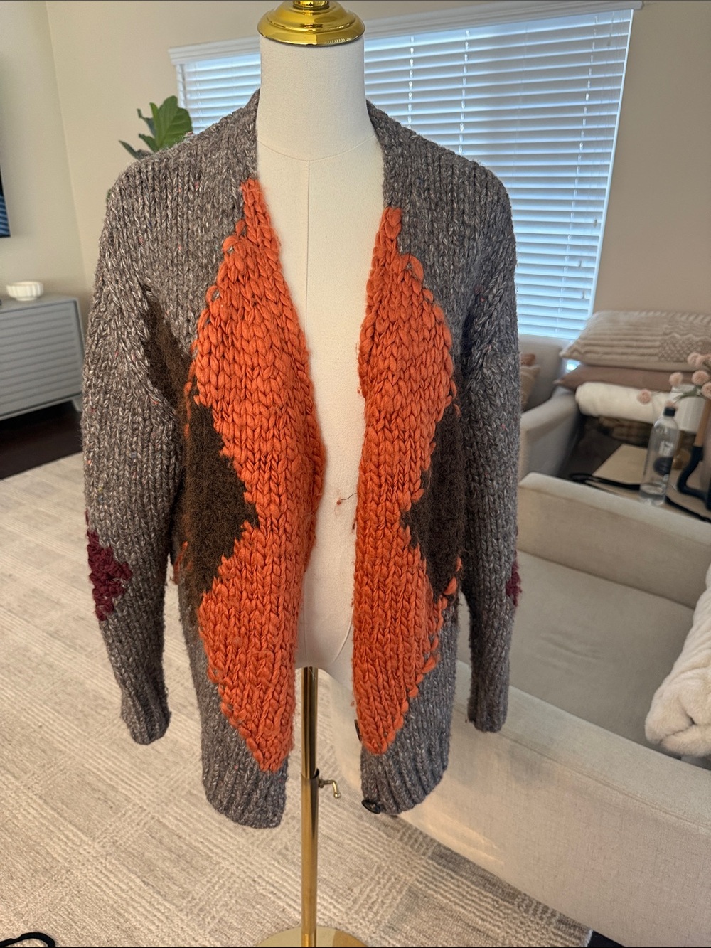 Zara Gray Cardigan with Orange Front Panels and Brown Accents